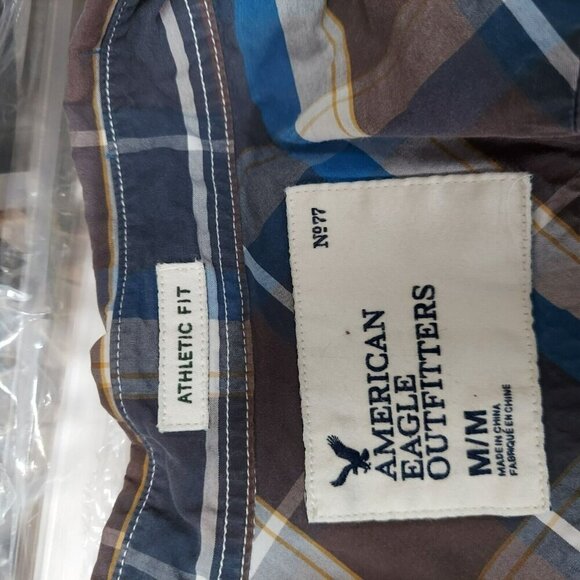 American Eagle Mens Outfitters Shirts Sz M Long Sleeve Prep Fit Blue Brown Plaid - Picture 6 of 6